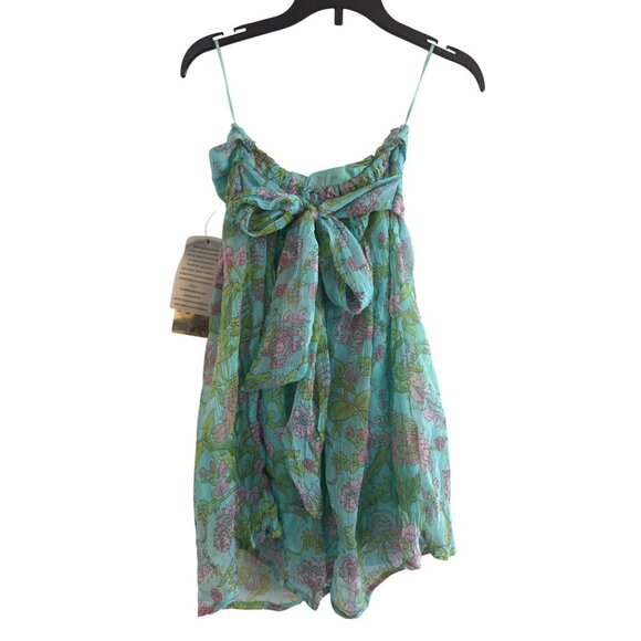 Y2K Vintage Tramp Sundress Women S Polyester Blue Green Floral Strapless tunic - Picture 6 of 7